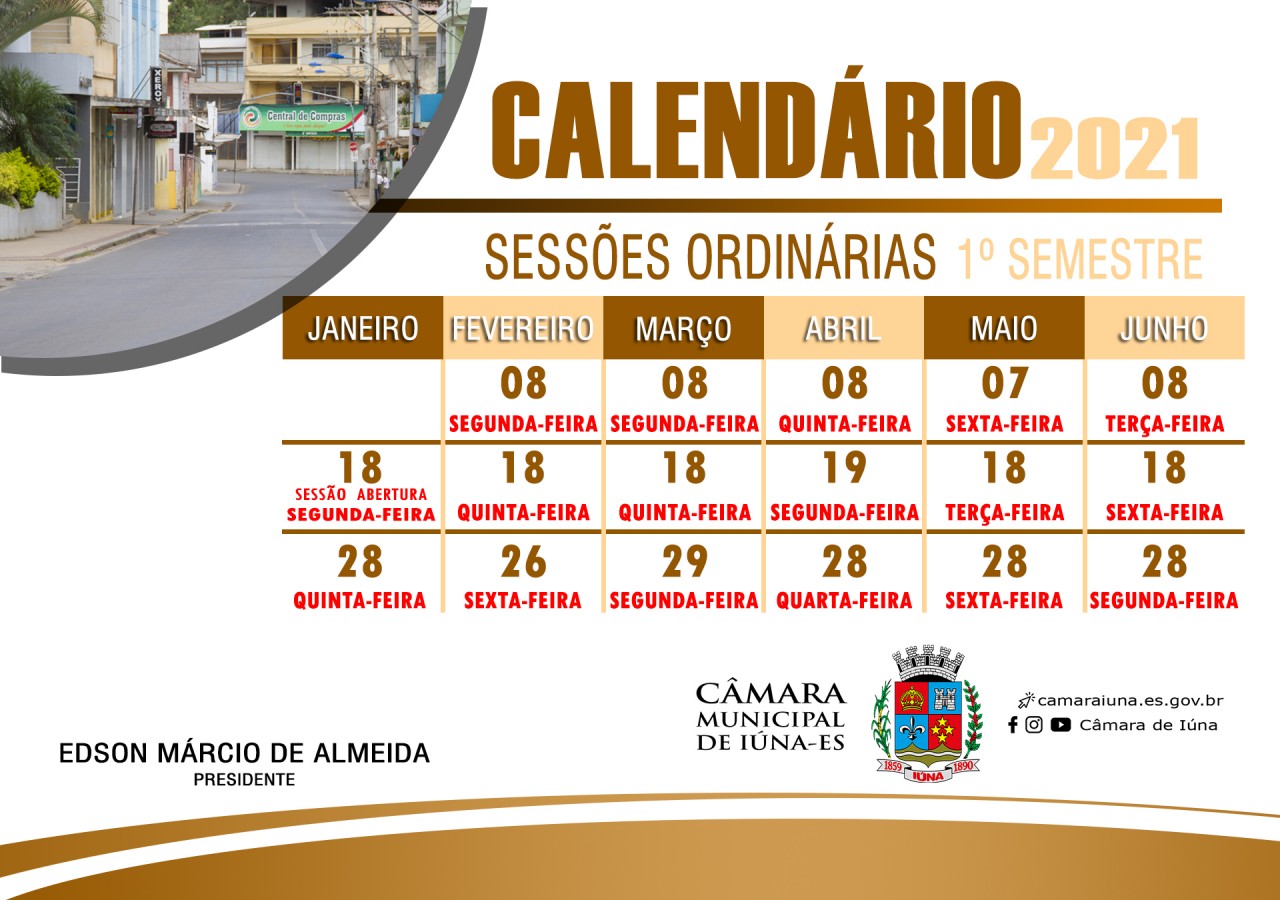 Calendário das sessões da Câmara primeiro semestre de 2021