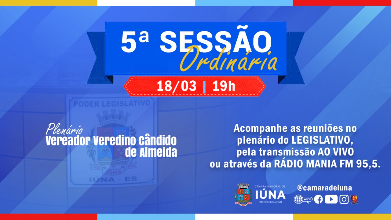 Câmara Municipal realiza 5ª Sessão Ordinária nesta quarta-feira (18)