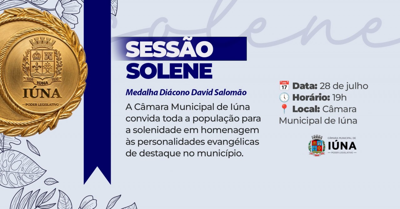 Câmara Municipal fará entrega da medalha Diácono David Salomão no próximo dia 28