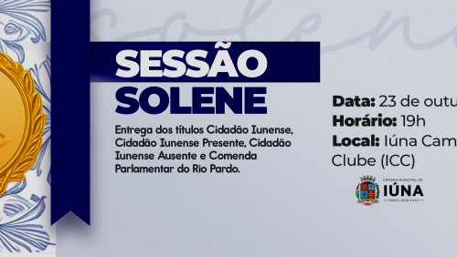 Câmara Municipal fará Sessão Solene para entrega do Título Cidadão Iunense nesta quinta-feira (23) Câmara Municipal fará Sessão Solene para entrega do Título Cidadão Iunense nesta quinta-feira (23)