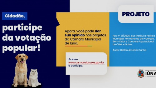 Câmara de Iúna abre votação popular sobre projeto de proteção a cães e gatos Câmara de Iúna abre votação popular sobre projeto de proteção a cães e gatos