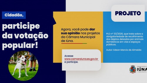 Câmara de Iúna abre votação popular sobre projeto que obriga recolhimento de dejetos de pets em locais públicos Câmara de Iúna abre votação popular sobre projeto que obriga recolhimento de dejetos de pets em locais públicos